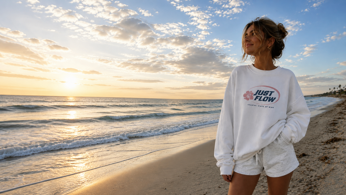 Hibiscus Oval Oversized Crew at golden hour - Just Flow