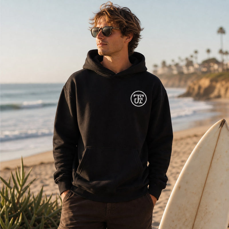 Embroidered Monogram Hoodie at the beach, golden hour