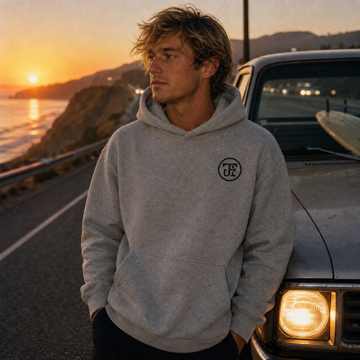 Sport Grey monogram hoodie on the Pacific Coast Highway at dusk