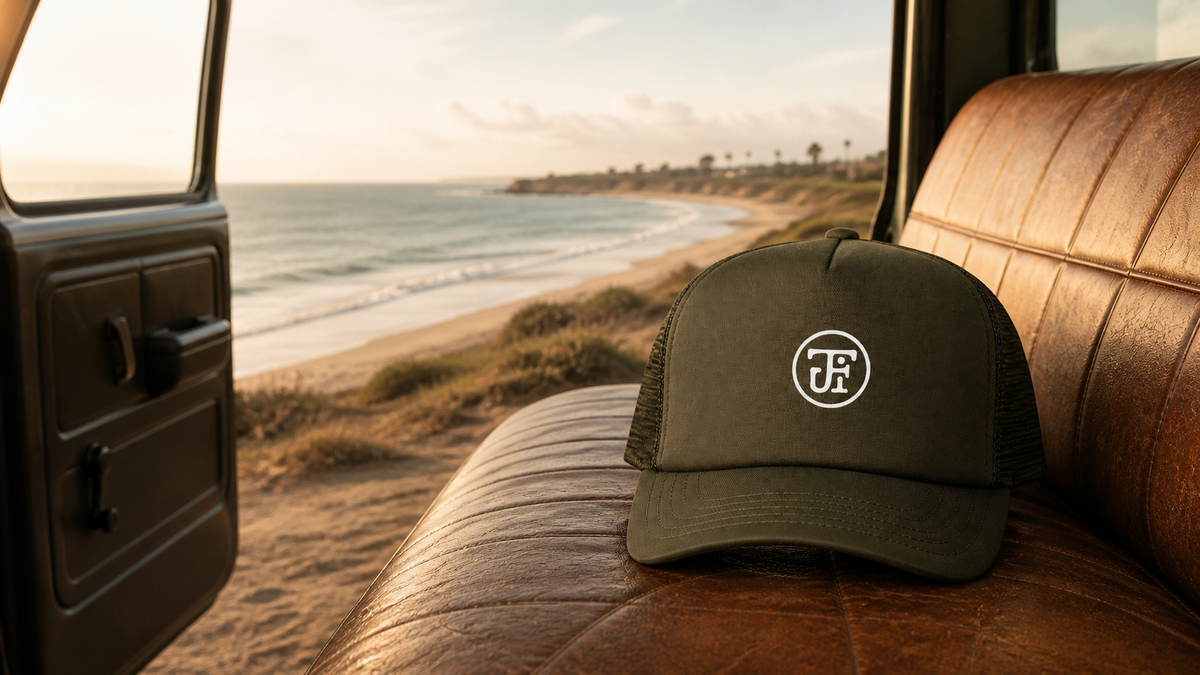 JFI Monogram embroidered trucker cap in Loden on the coast - Just Flow