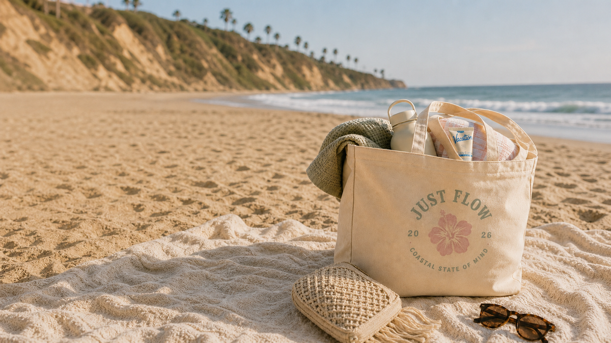 Hibiscus Badge Tote Bag on the beach - Just Flow