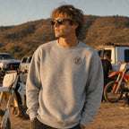 Just Flow Monogram Graphic Crew Sweatshirt in Sport Grey, California lifestyle