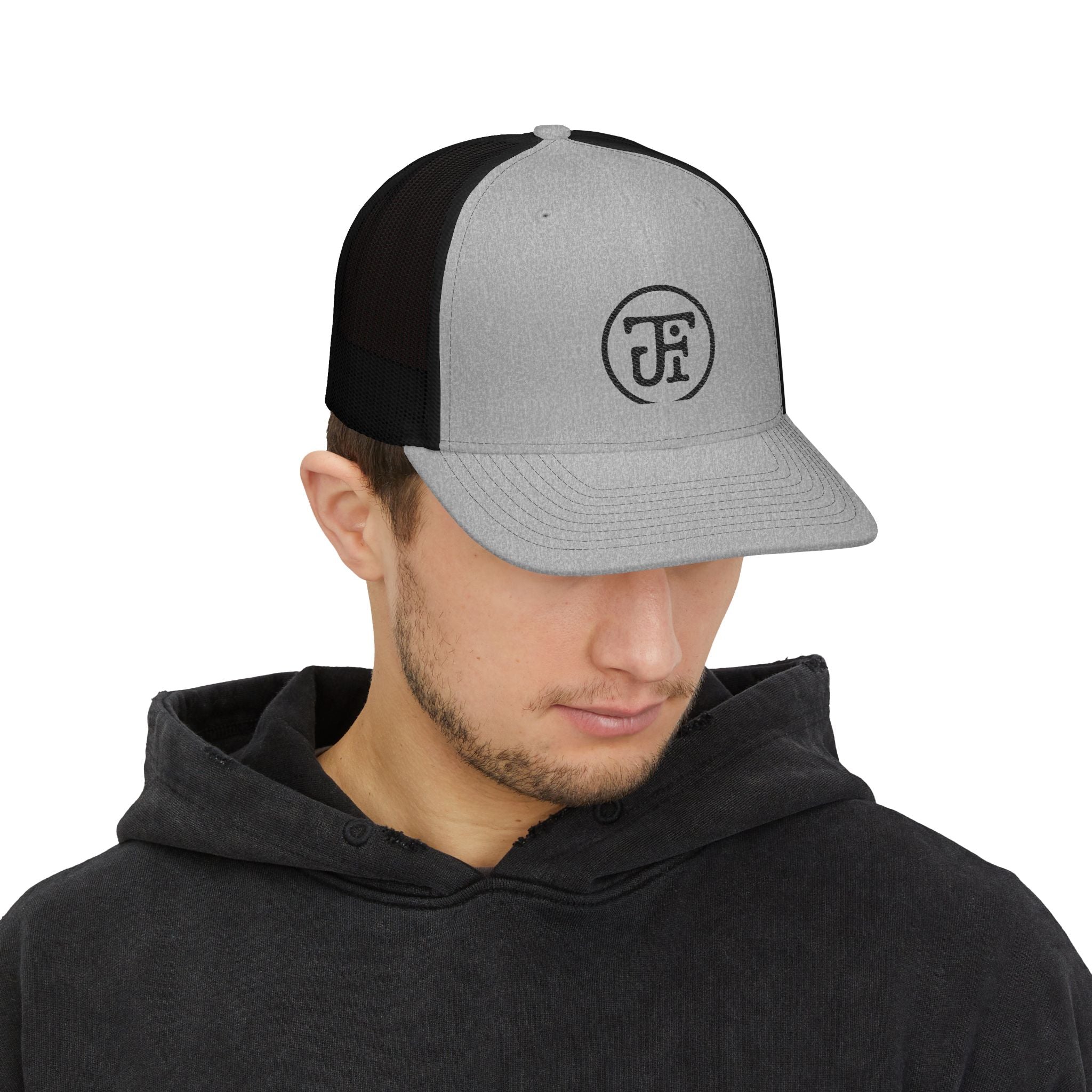 Embroidered Circle Logo Trucker Cap — Charcoal & Heather Grey Snapback