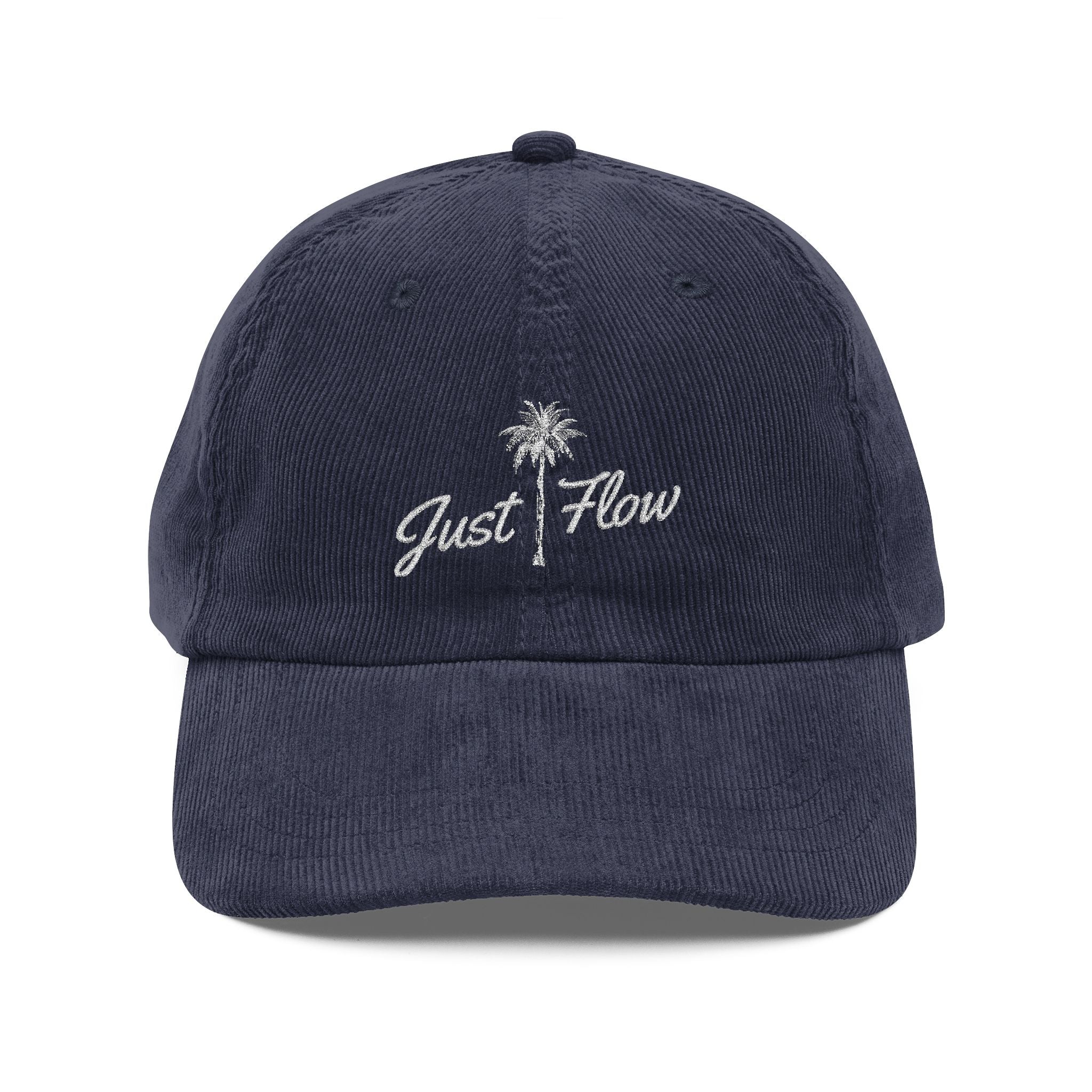 Corduroy Cap — Embroidered "Just Flow" Palm Hat | Vintage Retro Beach Vibe