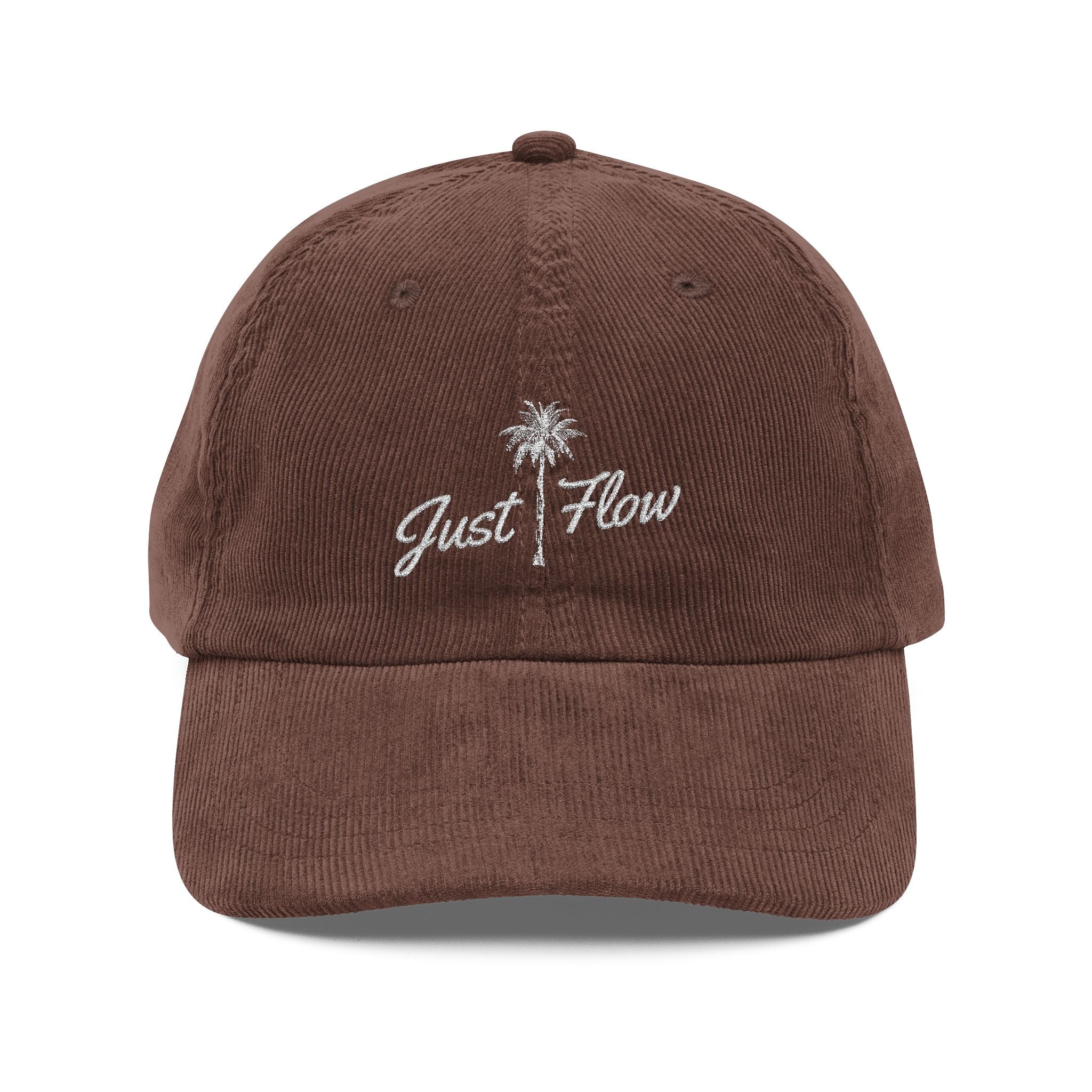 Corduroy Cap — Embroidered "Just Flow" Palm Hat | Vintage Retro Beach Vibe