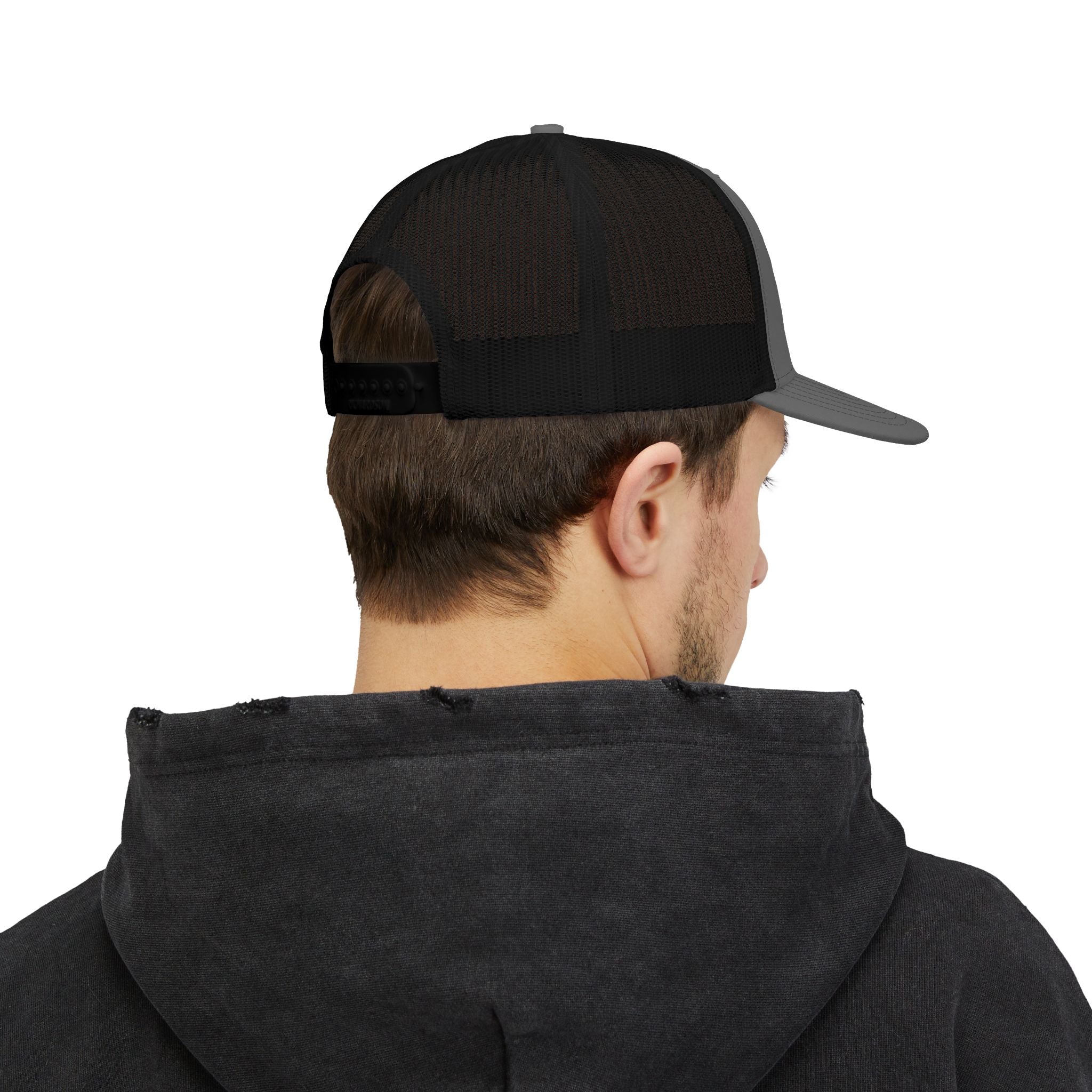 Embroidered Circle Logo Trucker Cap — Charcoal & Heather Grey Snapback