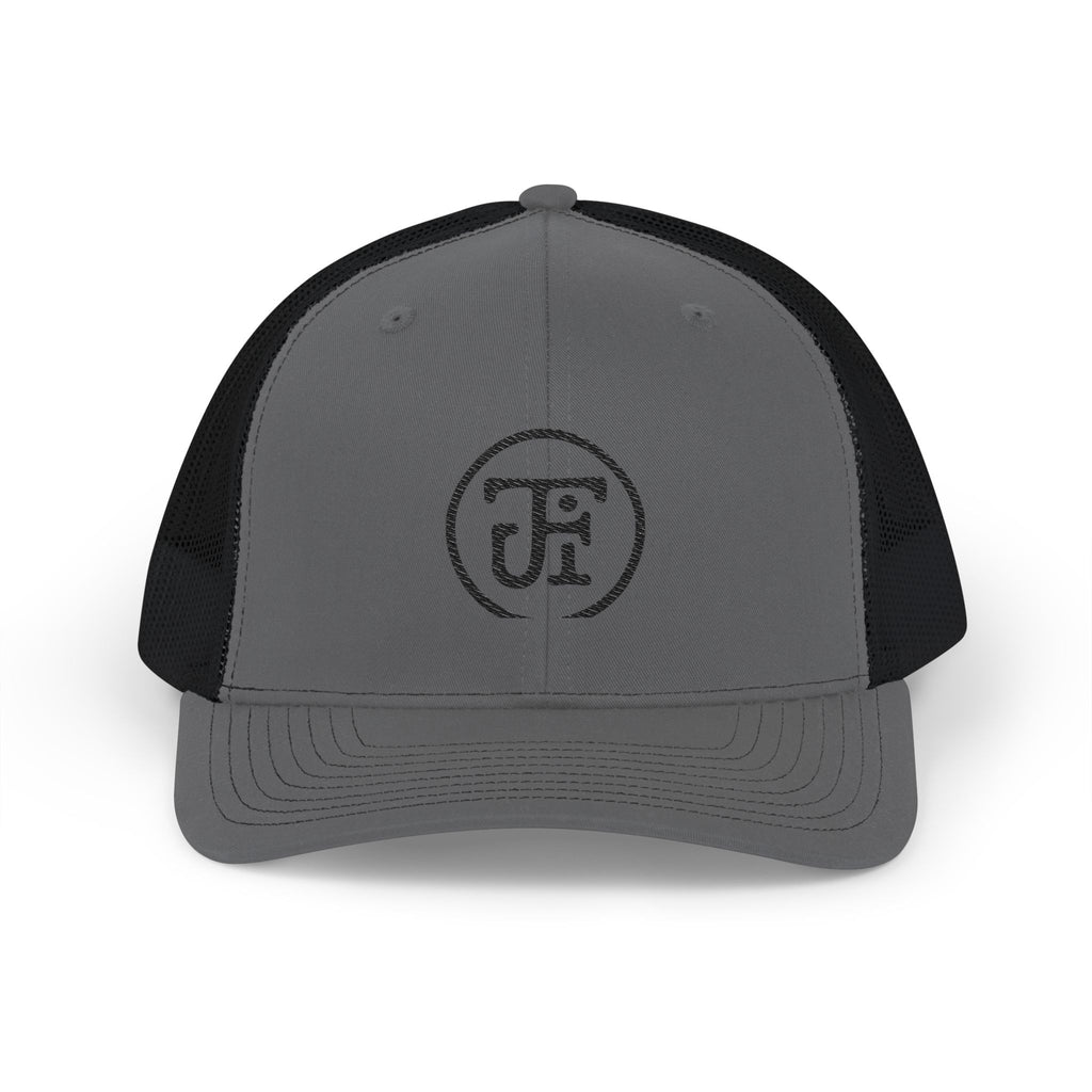 Embroidered Circle Logo Trucker Cap — Charcoal & Heather Grey Snapback
