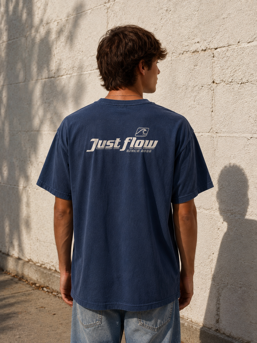 Since 2026 Garment-Dyed Tee in navy, back script print, coastal wall