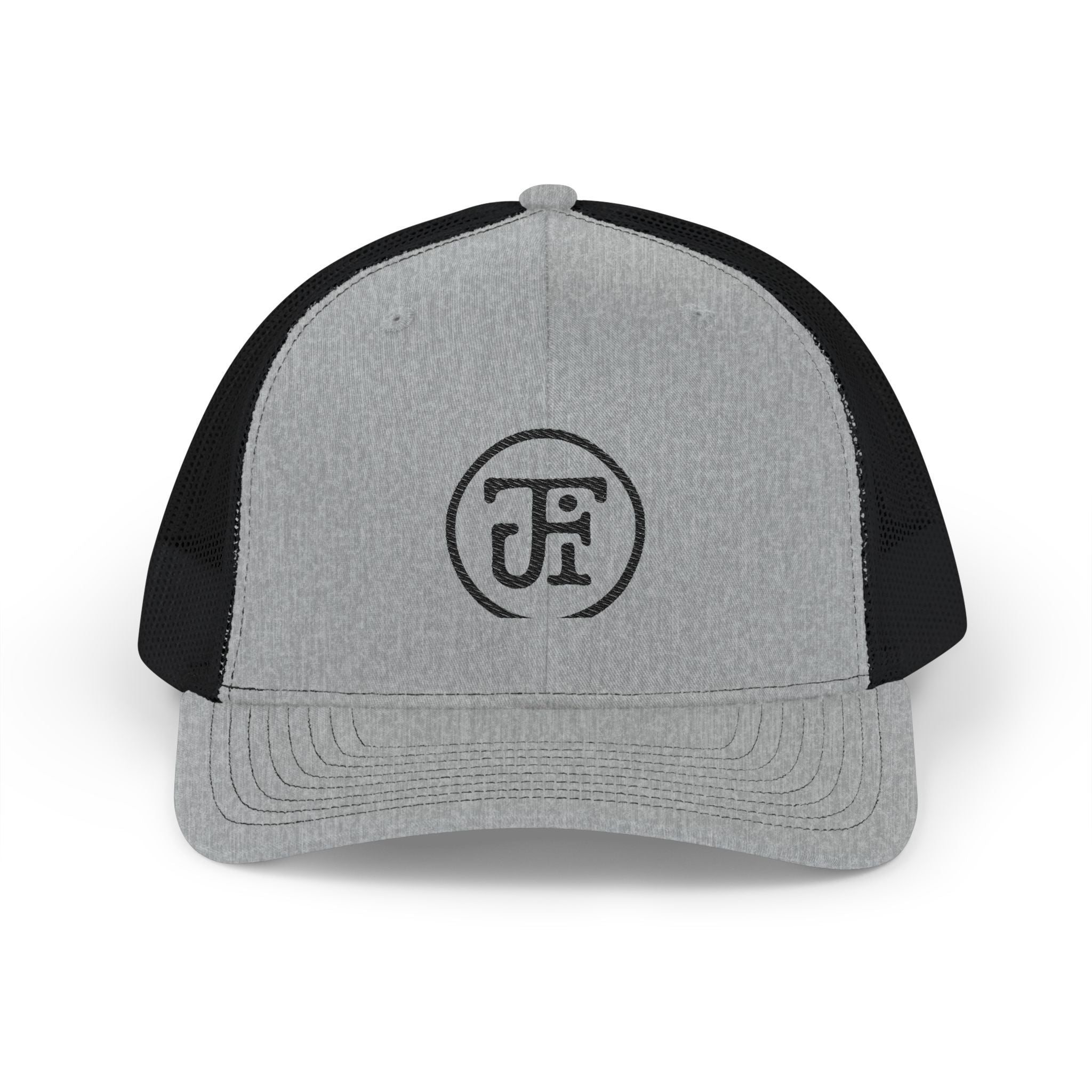 Embroidered Circle Logo Trucker Cap — Black Front White Mesh Snapback