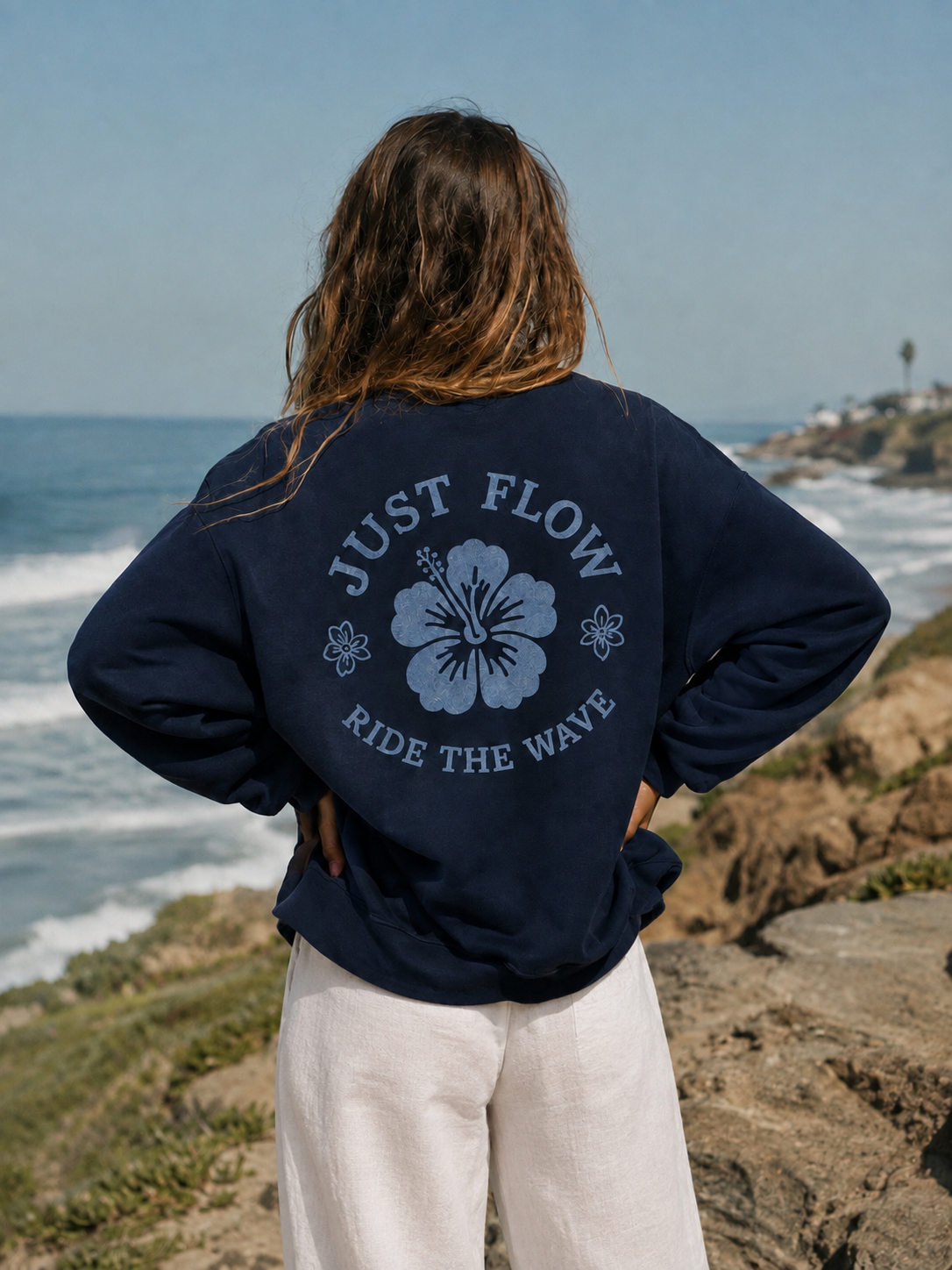 Ride the Wave Crew Sweatshirt in navy, back print, coastal bluff