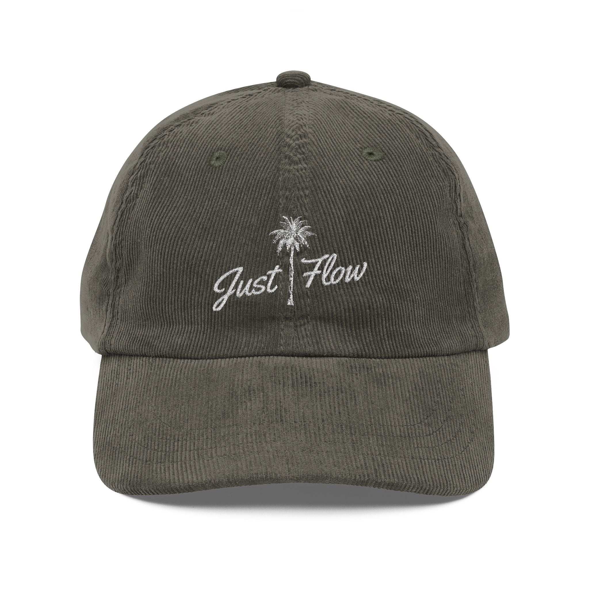Corduroy Cap — Embroidered "Just Flow" Palm Hat | Vintage Retro Beach Vibe
