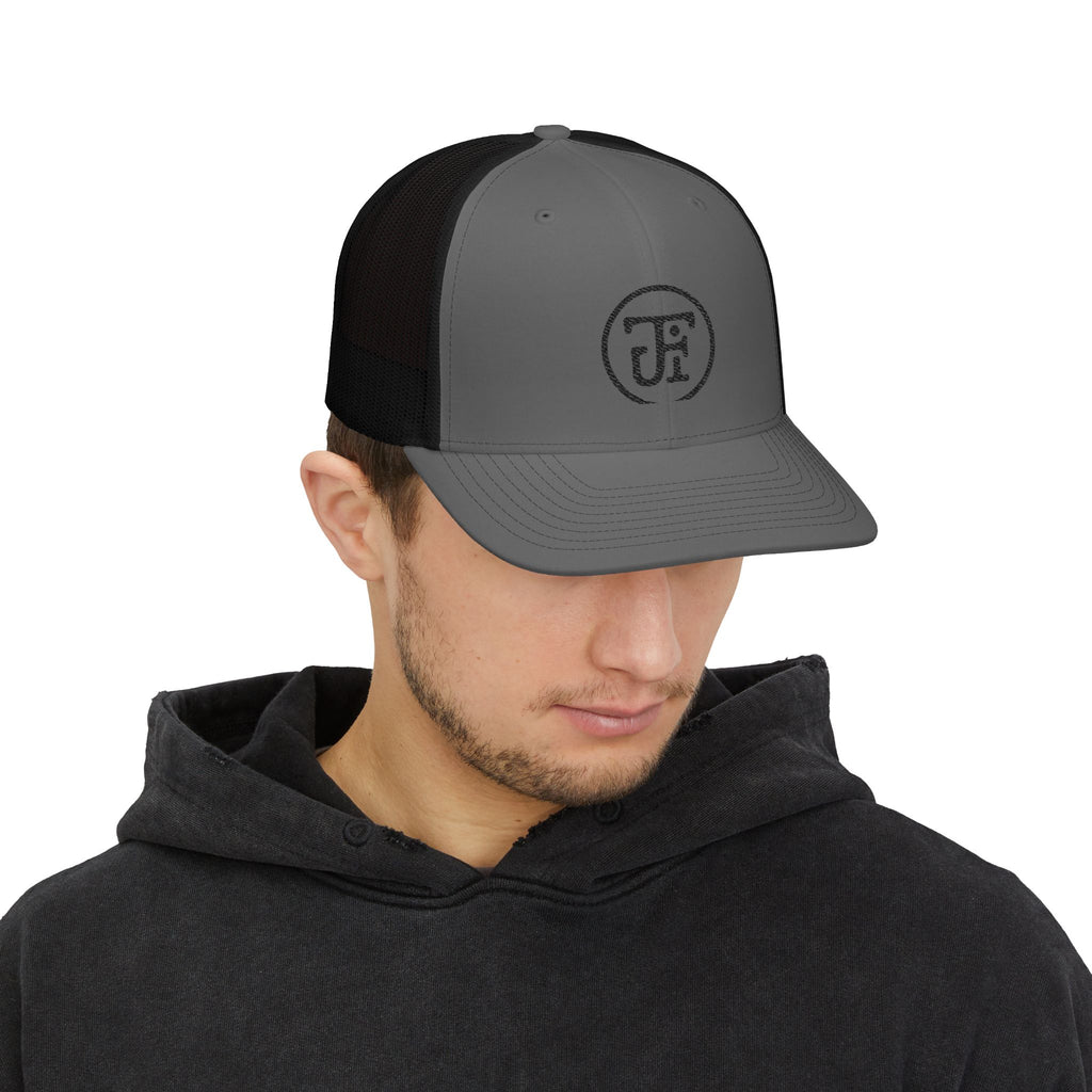Embroidered Circle Logo Trucker Cap — Charcoal & Heather Grey Snapback