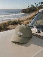 Hibiscus Washed Cap in moss, resting on a car hood at the coast