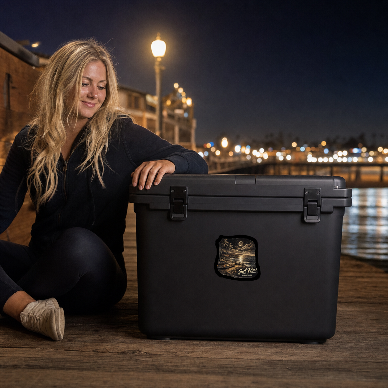 Just Flow After Dark Woodie sticker on a cooler at a Southern California pier at night