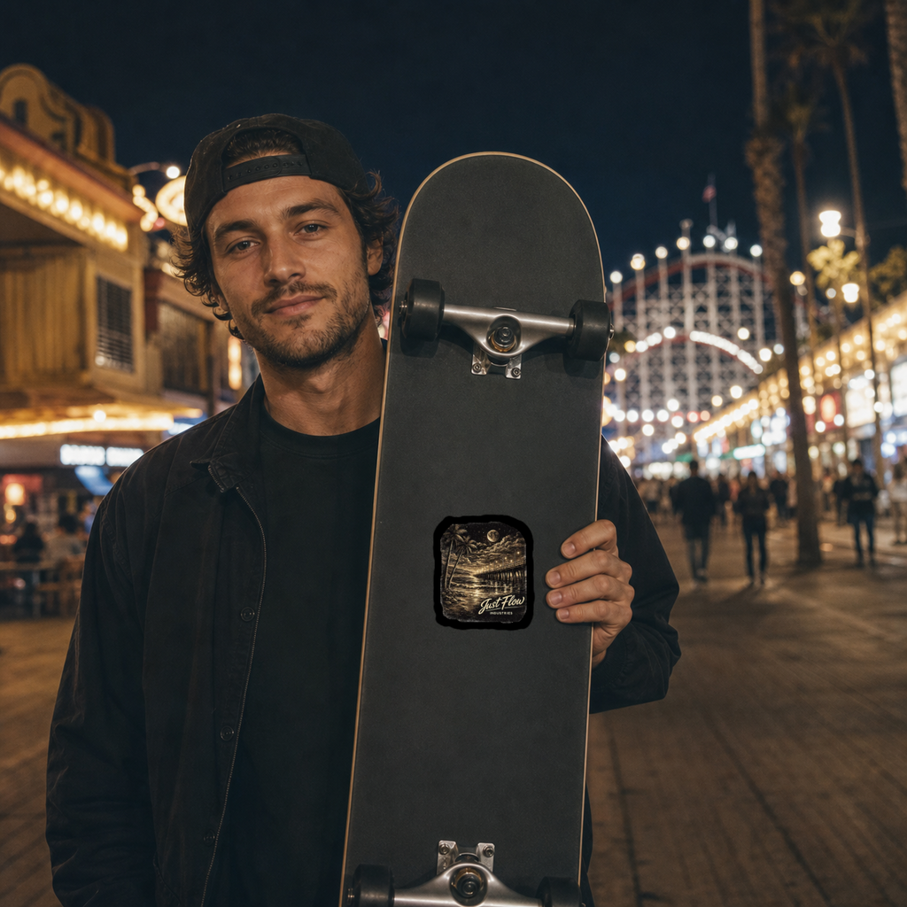 Just Flow After Dark Night Pier sticker on a skateboard deck, Southern California boardwalk at night