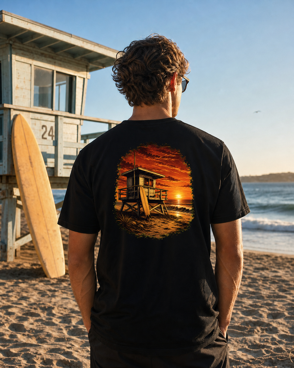 Golden Hour Lifeguard Tower heavyweight tee in Black, back graphic, Southern California boardwalk