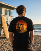Golden Hour Lifeguard Tower heavyweight tee in Black, back graphic, Southern California boardwalk