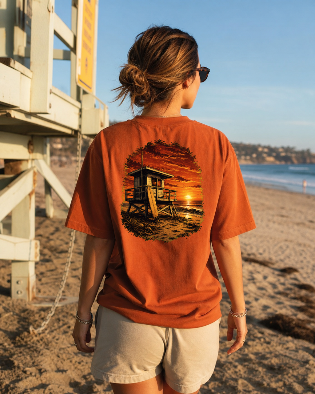 Golden Hour Lifeguard Tower heavyweight tee in Burnt orange, back graphic, Southern California boardwalk