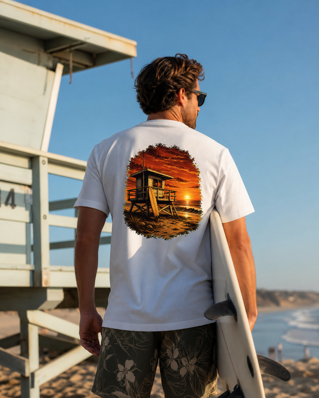 Golden Hour Lifeguard Tower heavyweight tee in White, back graphic, Southern California boardwalk