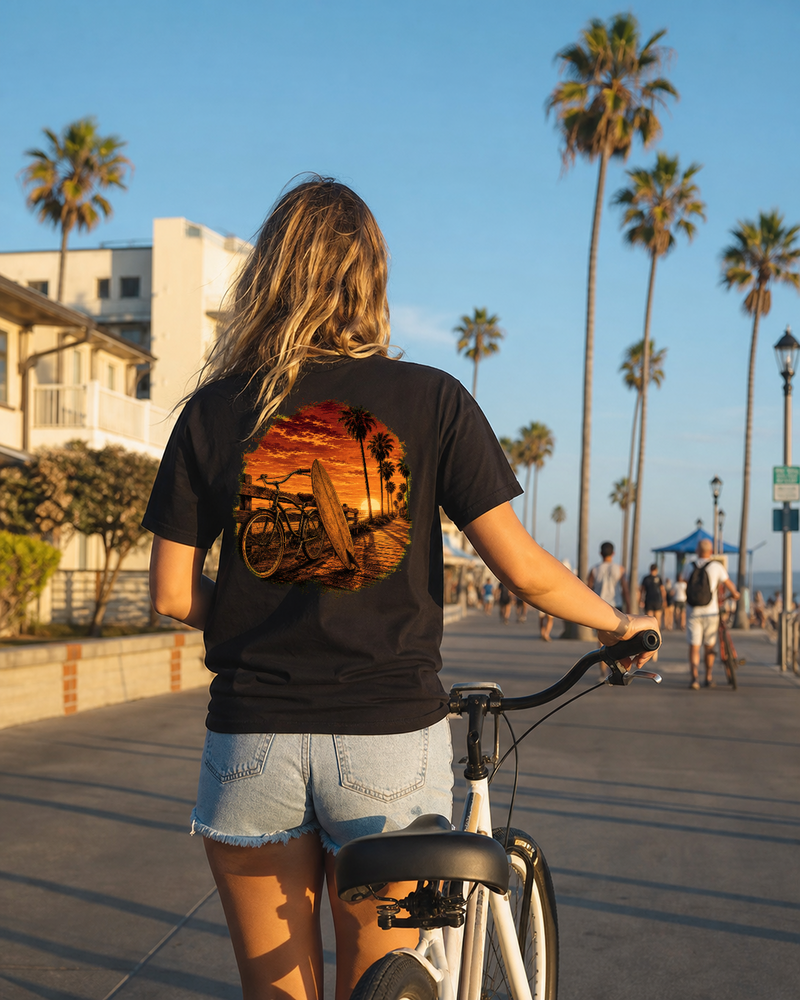 Golden Hour Beach Cruiser heavyweight tee in Black, back graphic, Southern California boardwalk