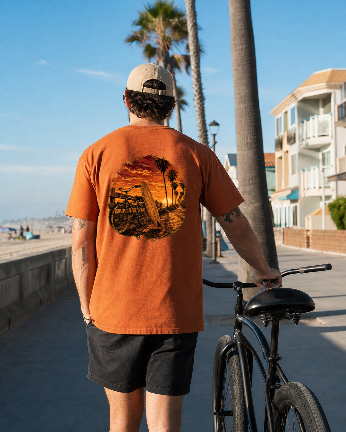 Golden Hour Beach Cruiser heavyweight tee in Burnt orange, back graphic, Southern California boardwalk