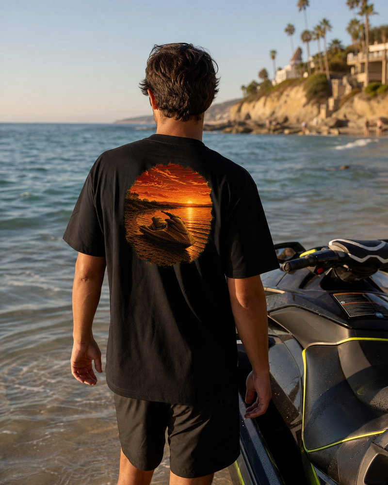 Golden Hour Jet Ski heavyweight tee in Black, back graphic, Southern California coast