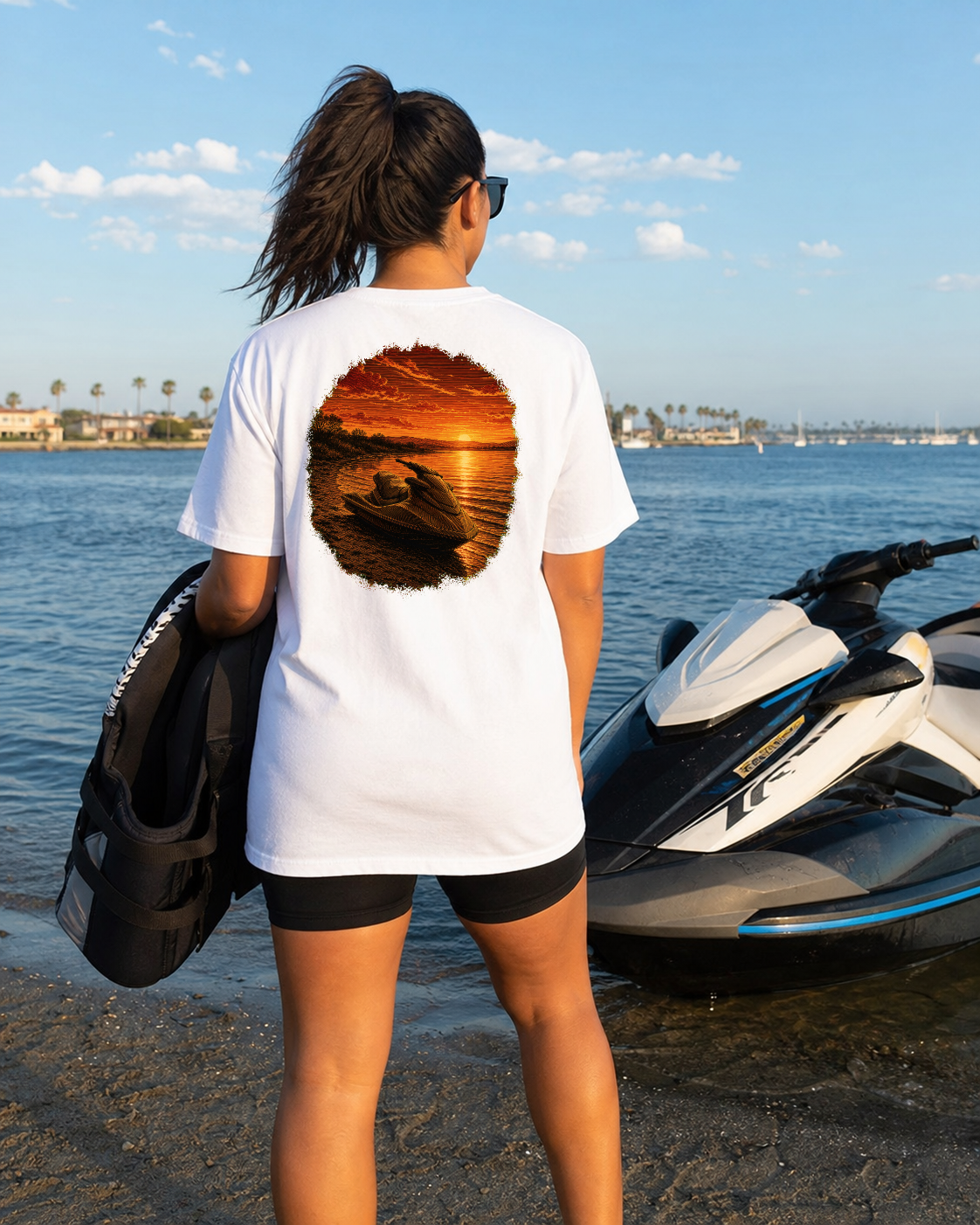Golden Hour Jet Ski heavyweight tee in White, back graphic, Southern California coast