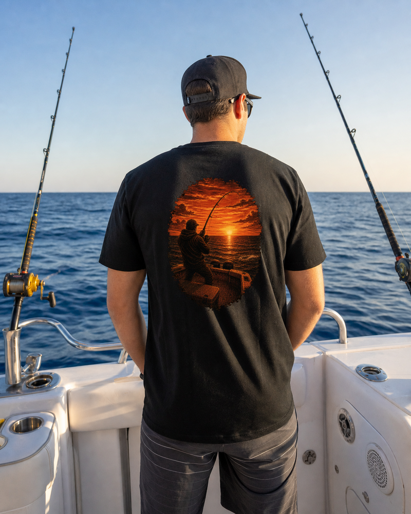 Golden Hour Offshore Fishing heavyweight tee in Black, back graphic, Southern California coast