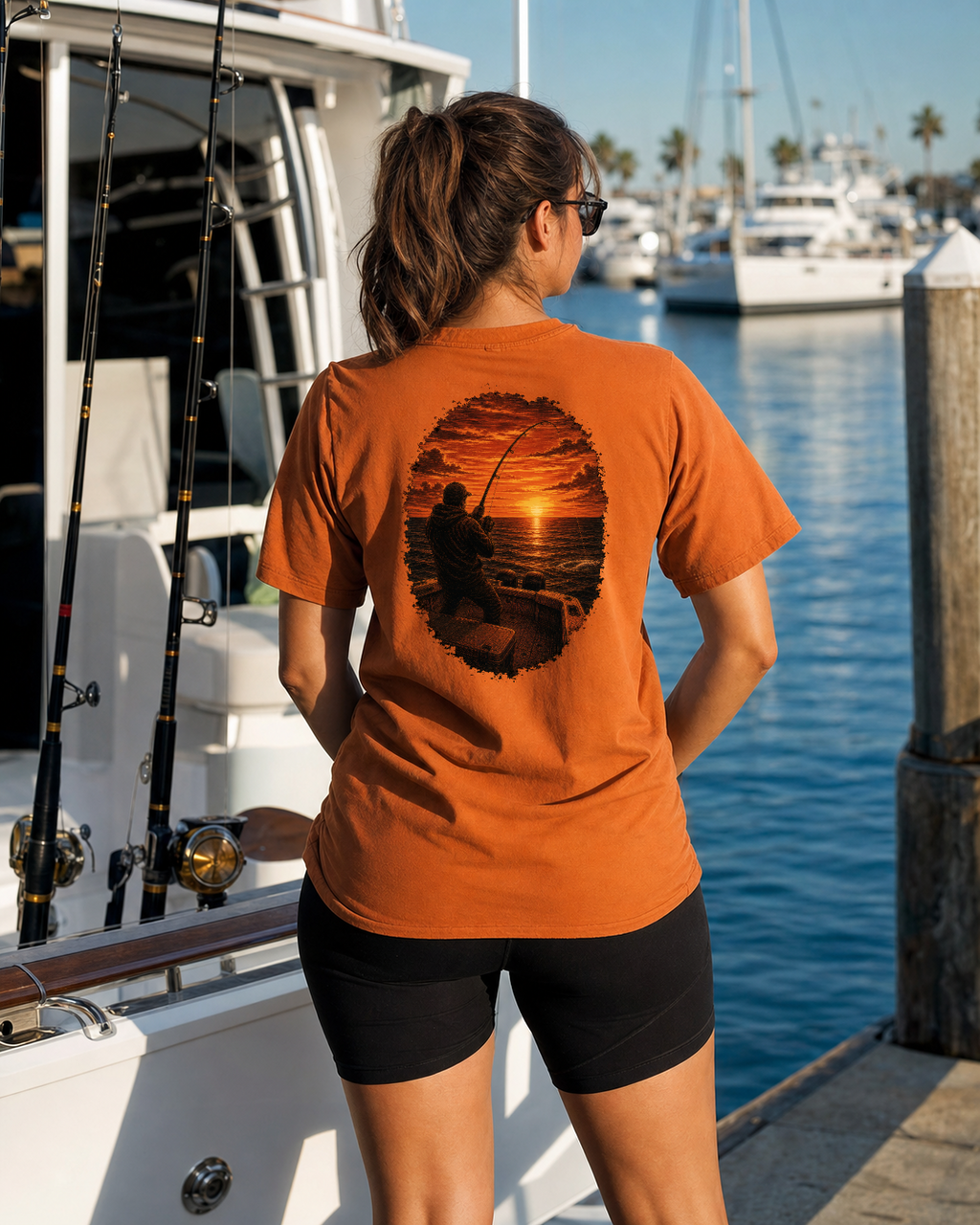 Golden Hour Offshore Fishing heavyweight tee in Burnt orange, back graphic, Southern California coast