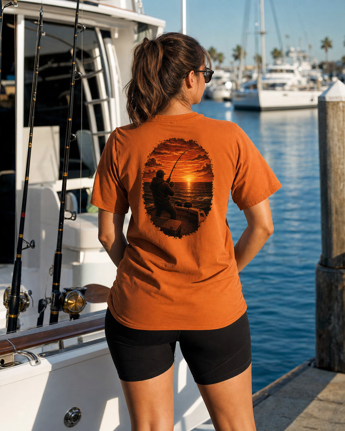 Golden Hour Offshore Fishing heavyweight tee in Burnt orange, back graphic, Southern California coast