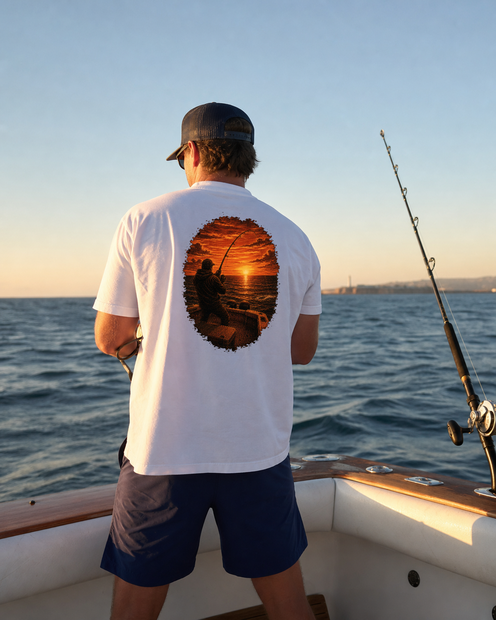 Golden Hour Offshore Fishing heavyweight tee in White, back graphic, Southern California coast