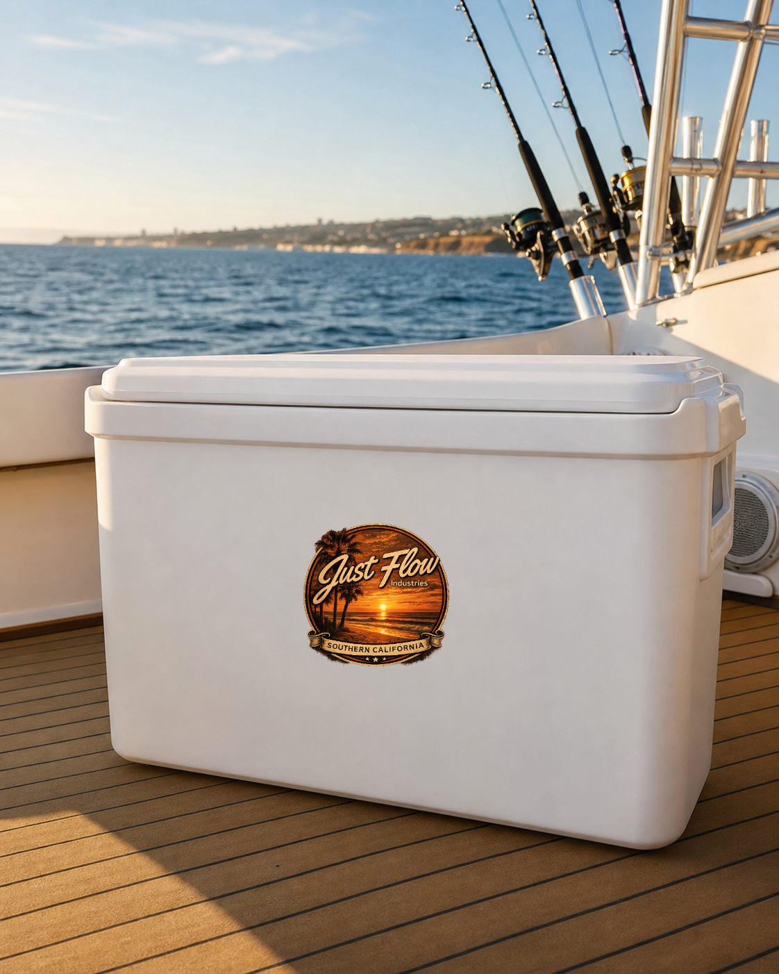 Golden Hour Sunset Badge circle sticker on a fishing cooler
