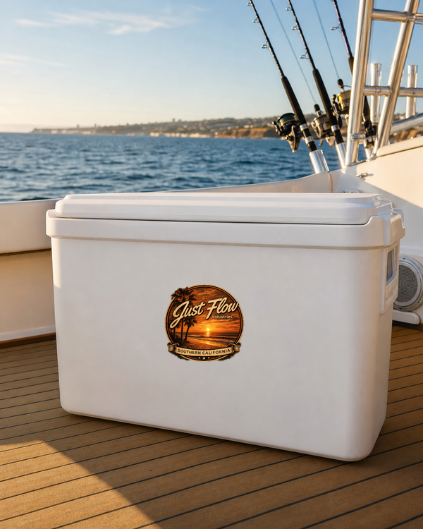 Golden Hour Sunset Badge circle sticker on a fishing cooler