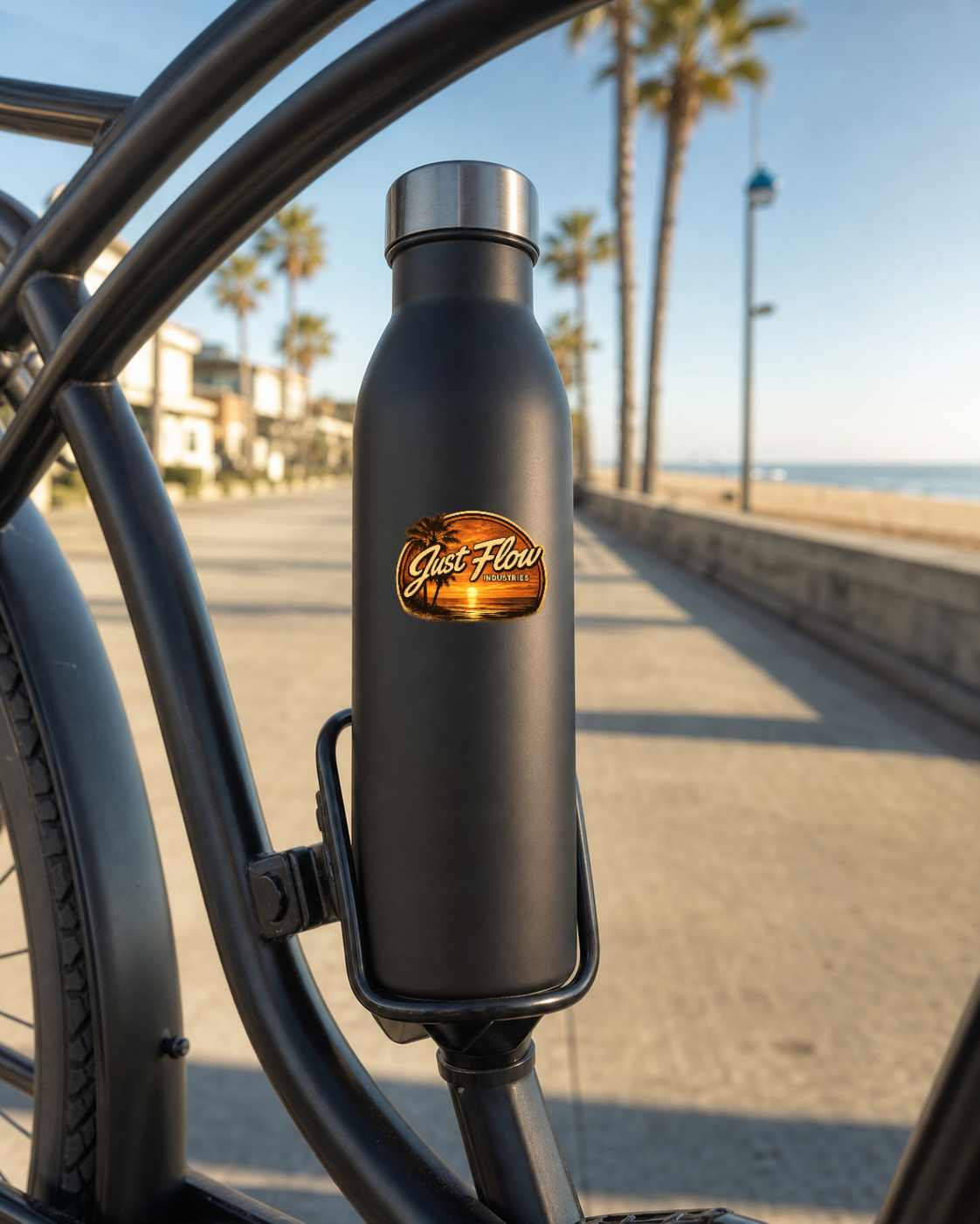 Golden Hour Sunset Badge oval sticker on an insulated bottle