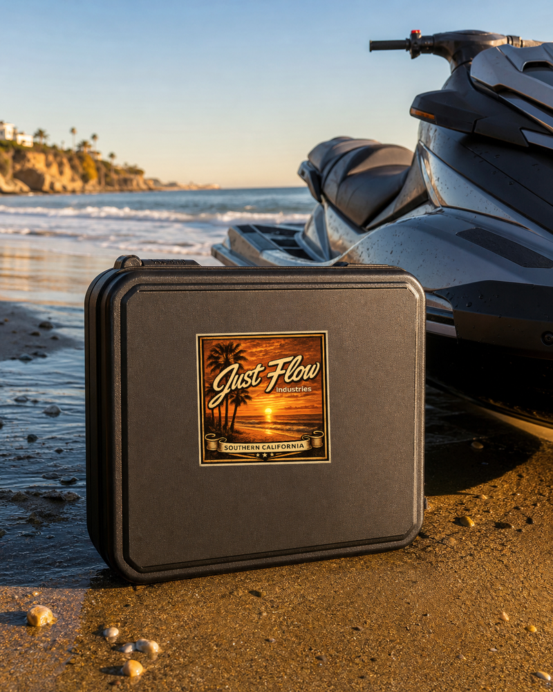 Golden Hour Sunset Badge rectangle sticker on a jet ski gear case