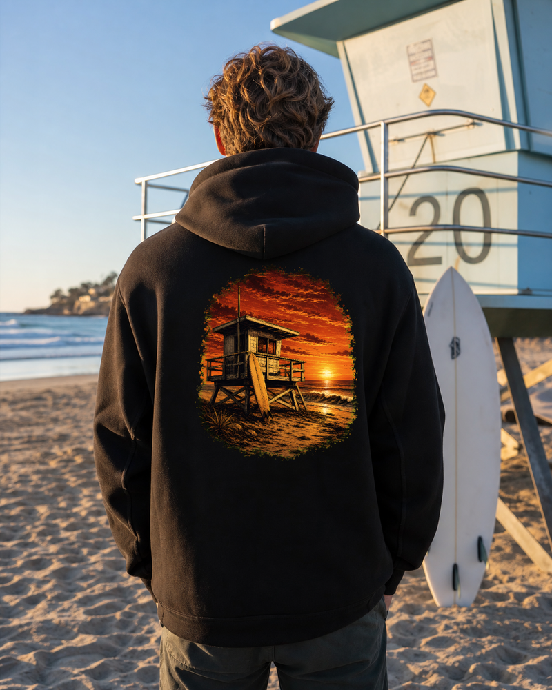 Golden Hour Lifeguard Tower hoodie in Black, back graphic, Southern California boardwalk