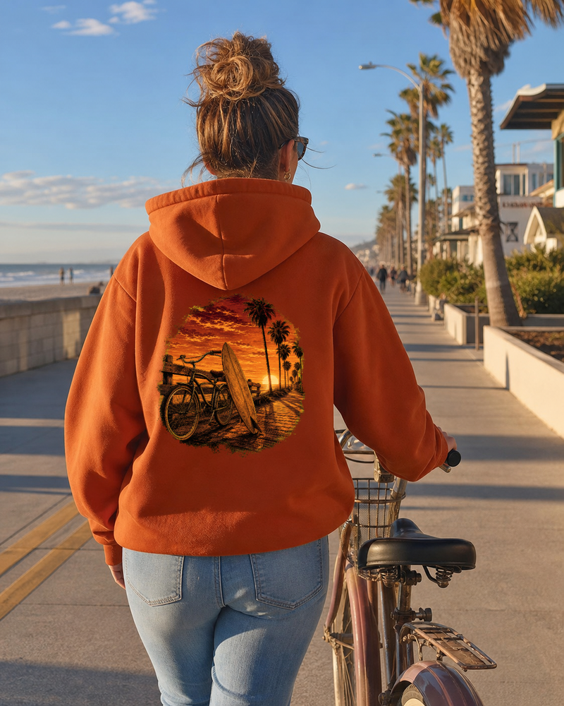 Golden Hour Beach Cruiser hoodie in Orange, back graphic, Southern California boardwalk