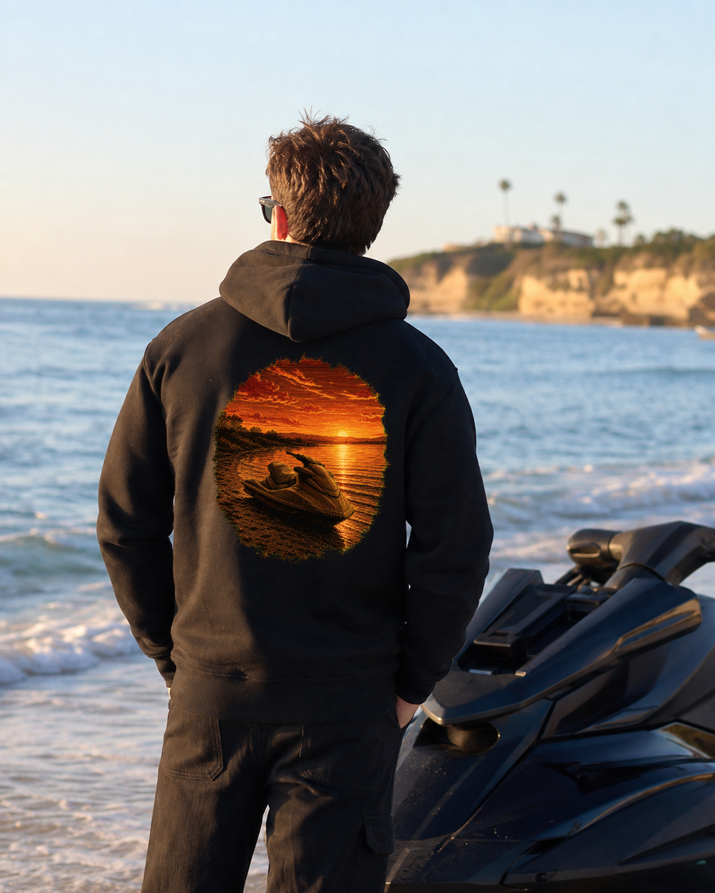 Golden Hour Jet Ski hoodie in Black, back graphic, Southern California coast