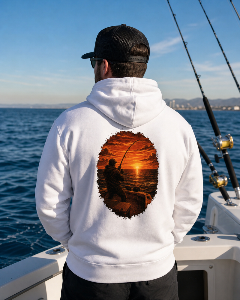 Golden Hour Offshore Fishing hoodie in White, back graphic, Southern California coast