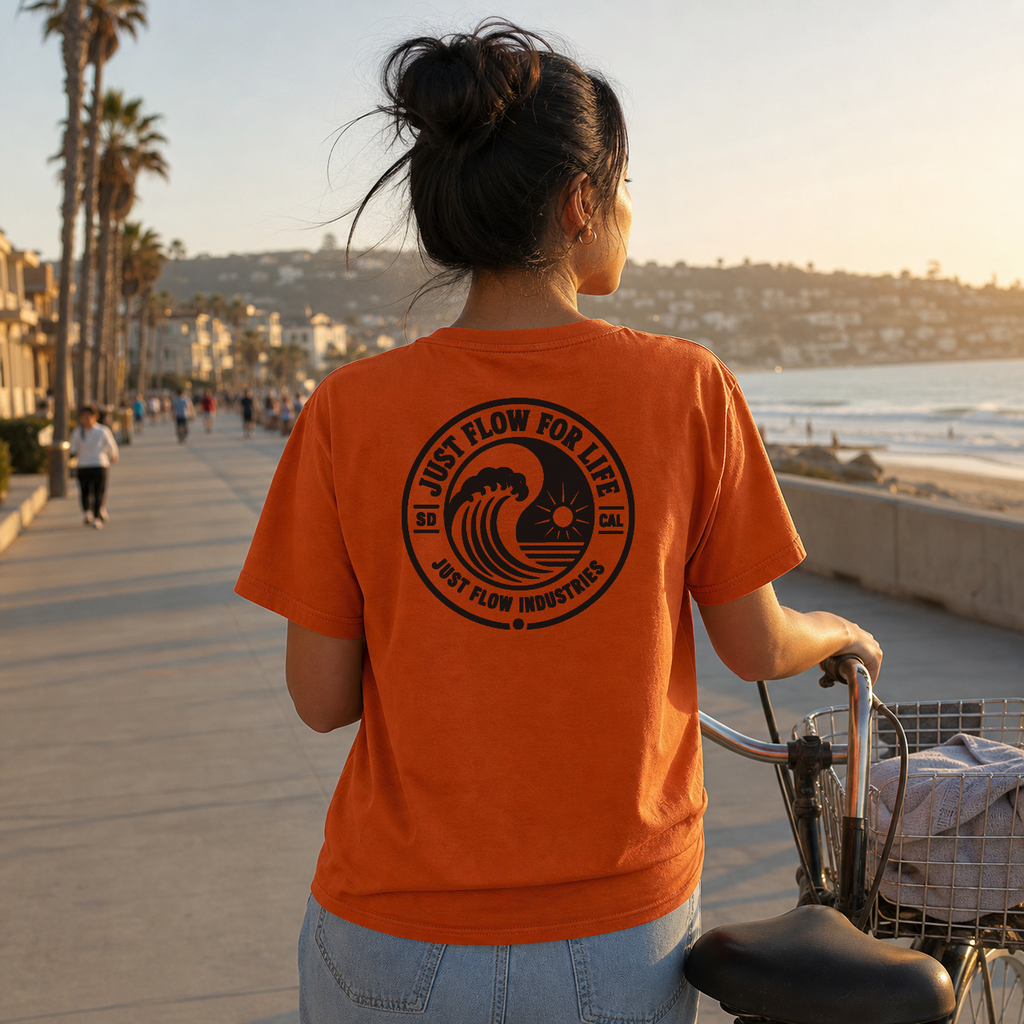 Circular Wave Crest DTF heavyweight tee in Burnt Orange with the black crest, back graphic, Southern California coast