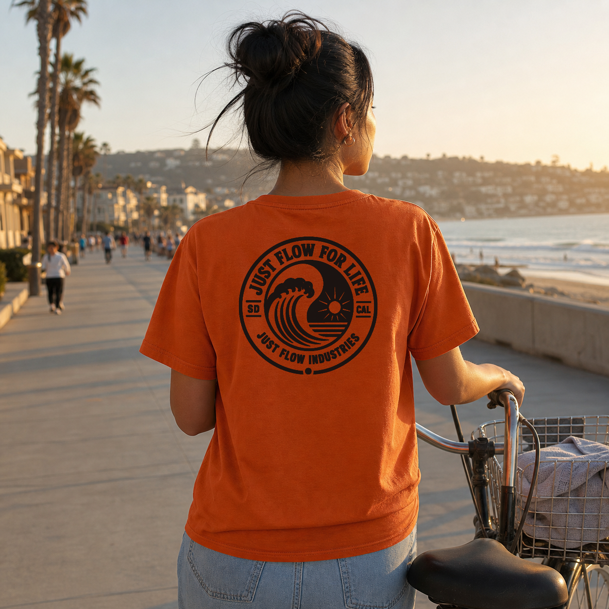 Circular Wave Crest DTF heavyweight tee in Burnt Orange with the black crest, back graphic, Southern California coast