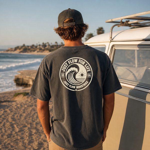 Circular Wave Crest DTF heavyweight tee in Pepper with the bone crest, back graphic, Southern California coast