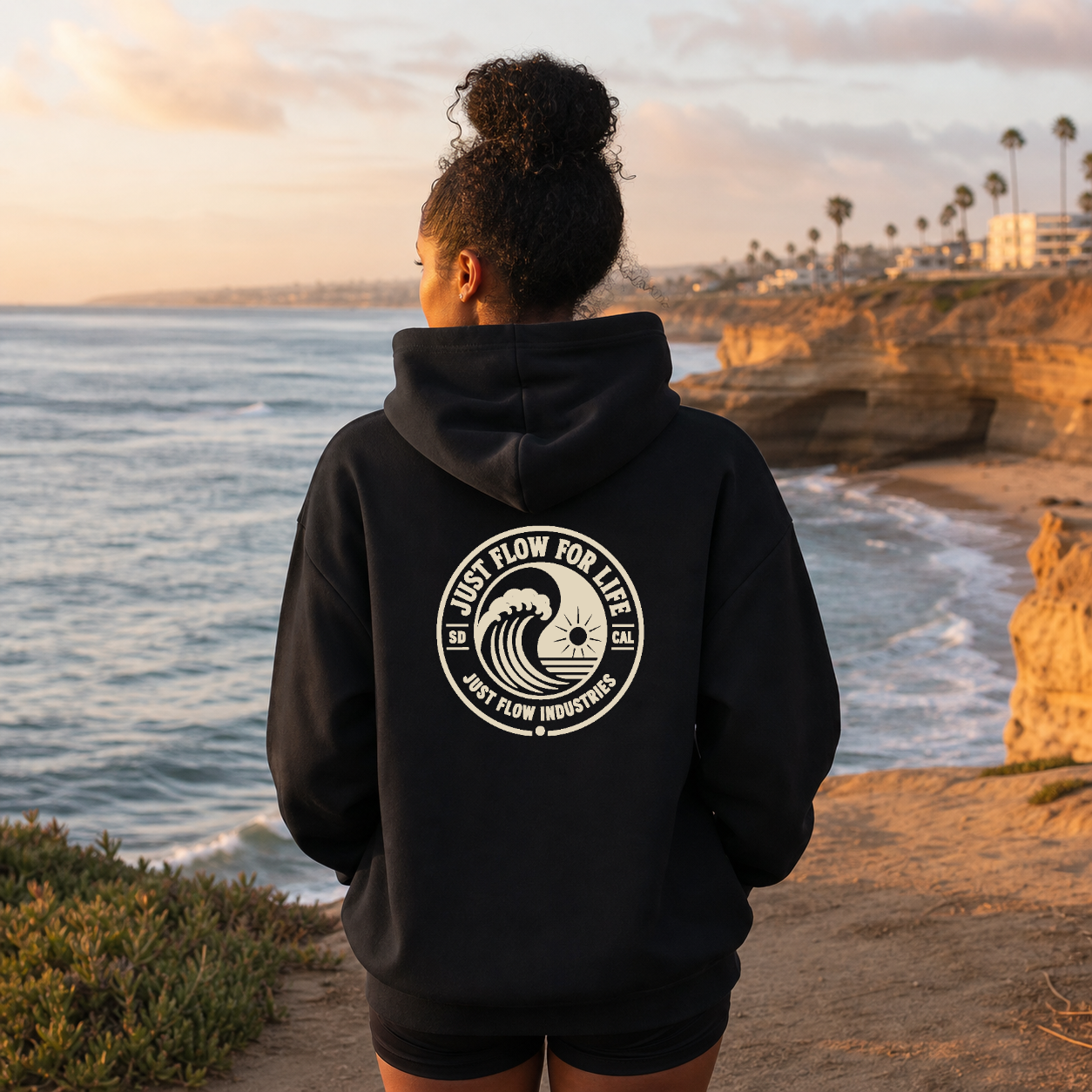 Circular Wave Crest DTF hoodie in Black with the bone crest, back graphic, Southern California coast