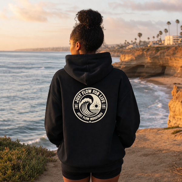Circular Wave Crest DTF hoodie in Black with the bone crest, back graphic, Southern California coast