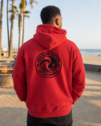 Circular Wave Crest DTF hoodie in Red with the black crest, back graphic, Southern California coast