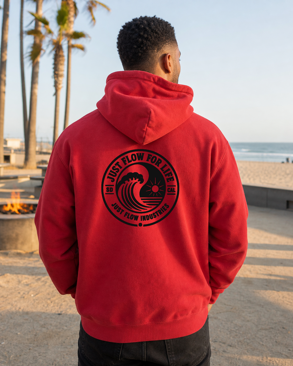 Circular Wave Crest DTF hoodie in Red with the black crest, back graphic, Southern California coast