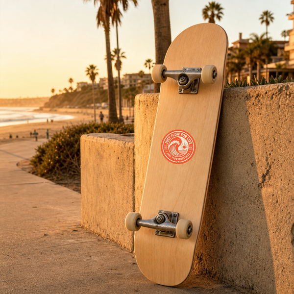 Circular Wave Crest sticker, bone crest on an orange background, in use