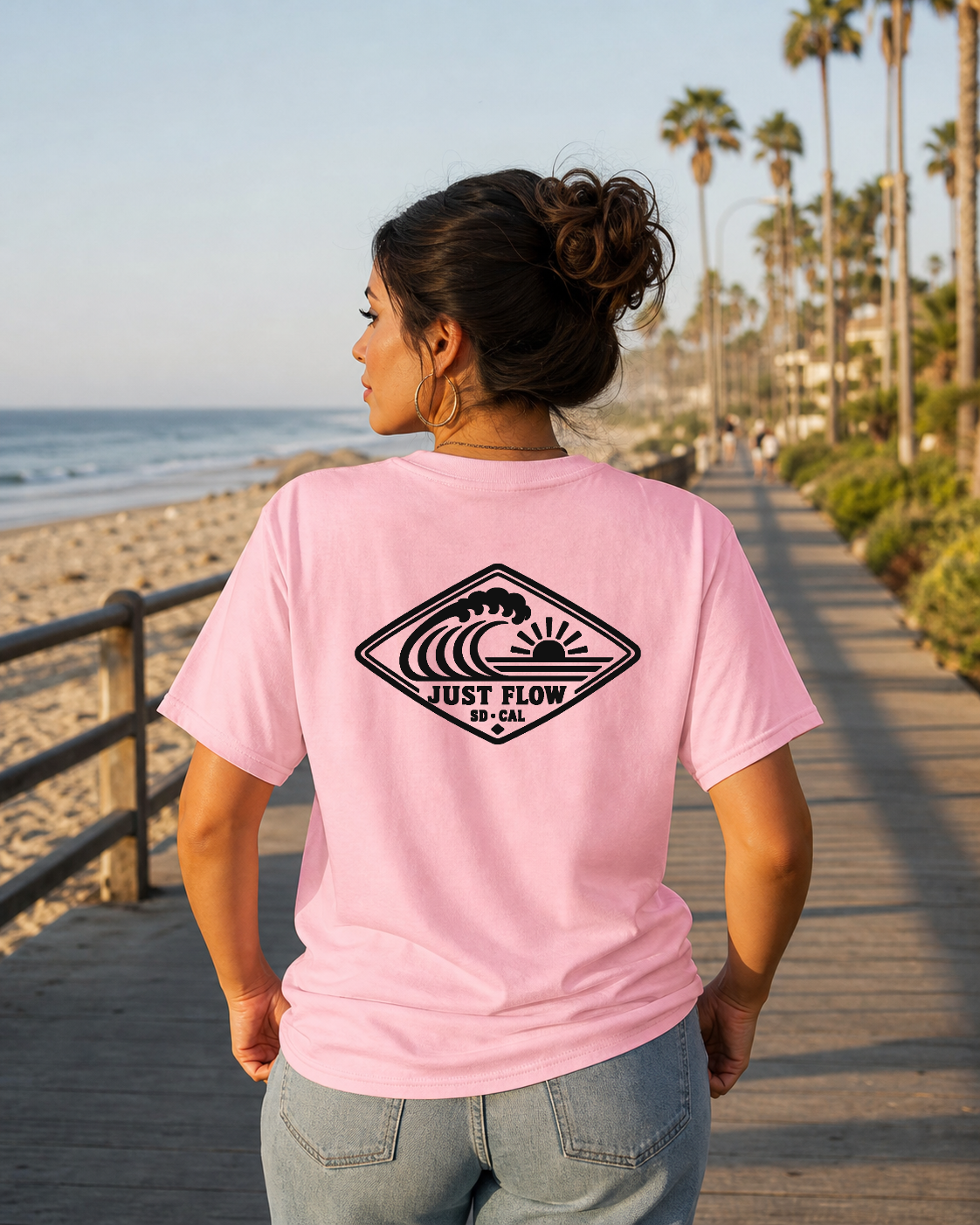 Horizontal Wave Diamond DTF heavyweight tee in Blossom with the black mark, back graphic, Southern California coast