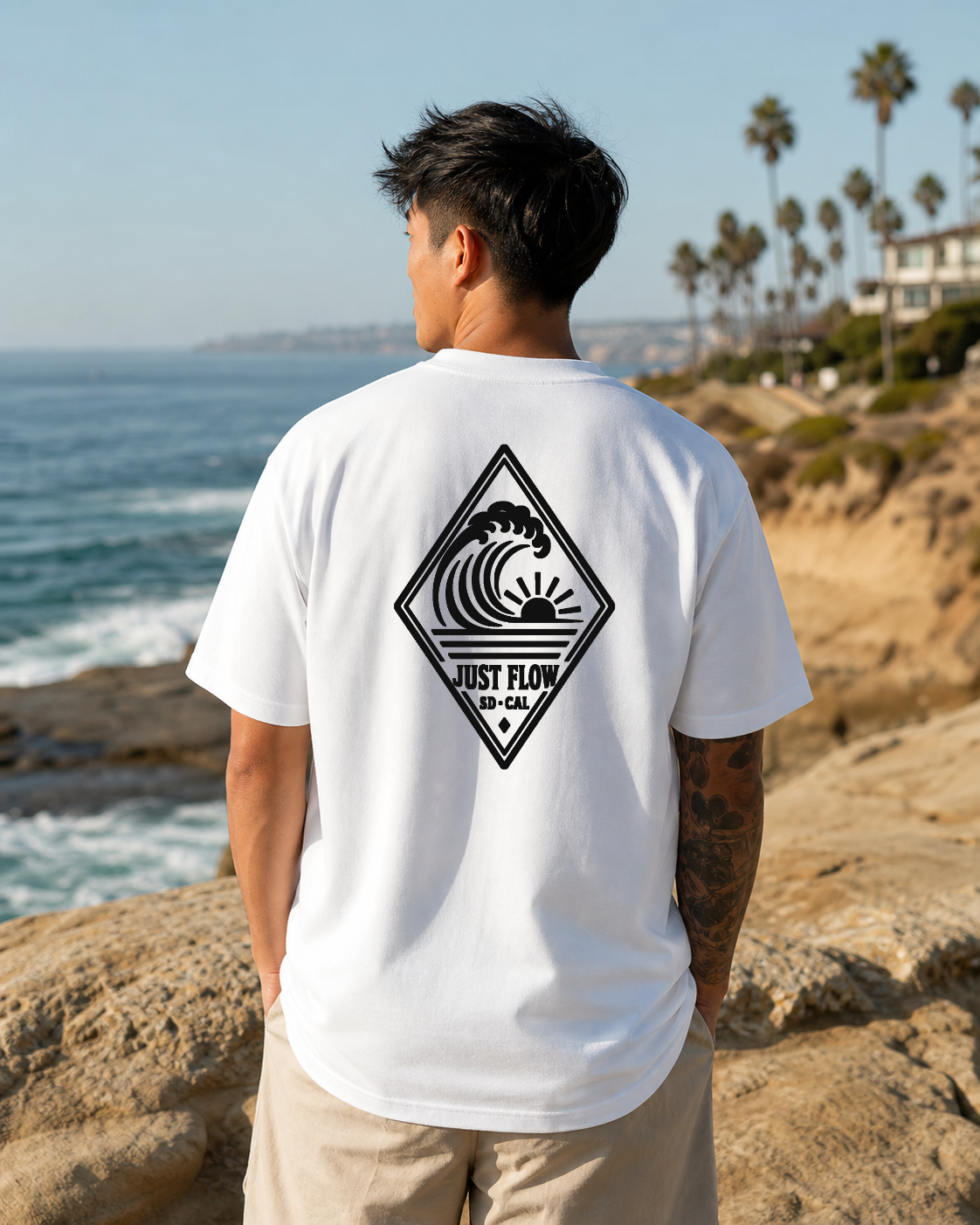 Vertical Wave Diamond DTF heavyweight tee in White with the black mark, back graphic, Southern California coast