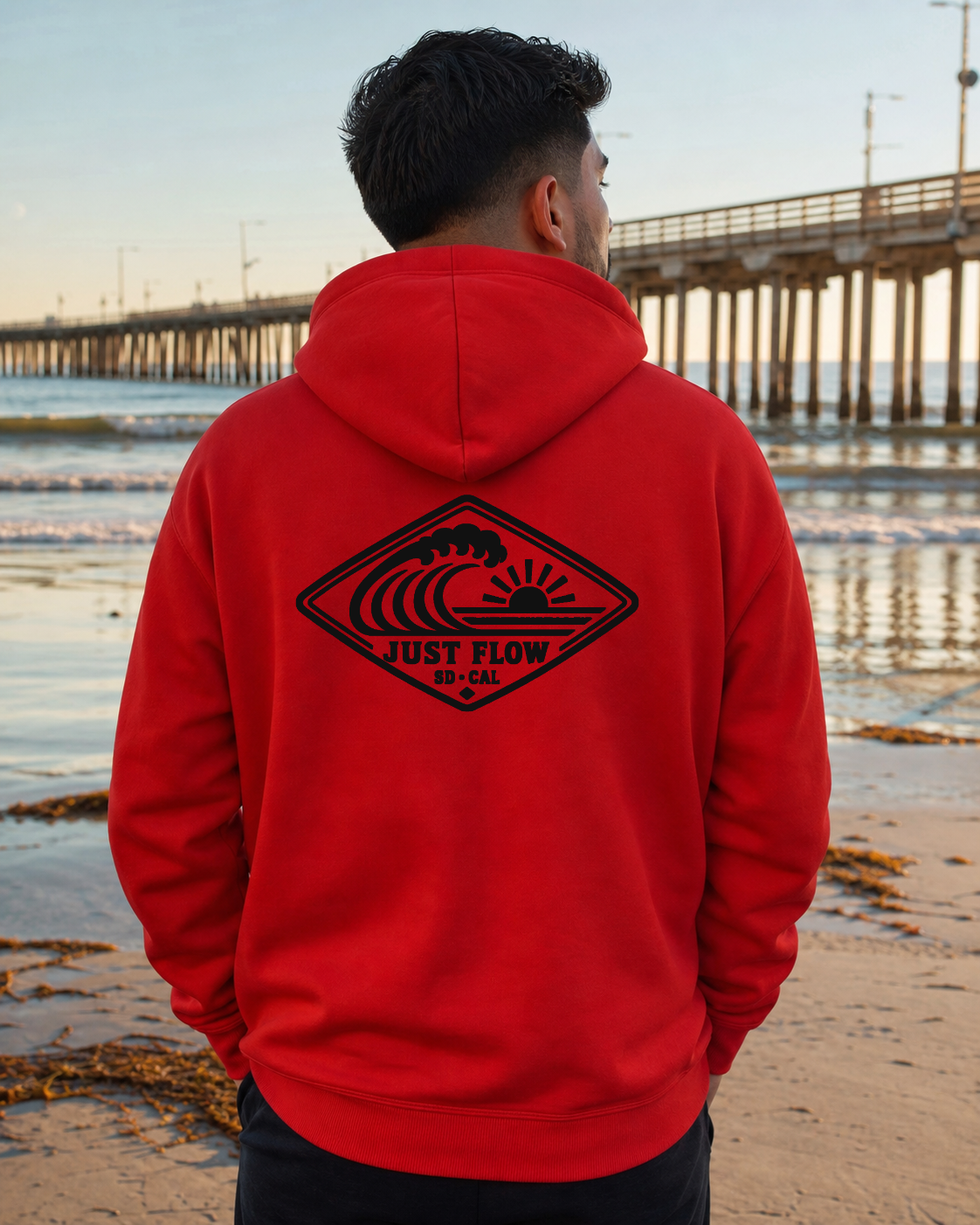 Horizontal Wave Diamond DTF hoodie in Red with the black mark, back graphic, Southern California pier